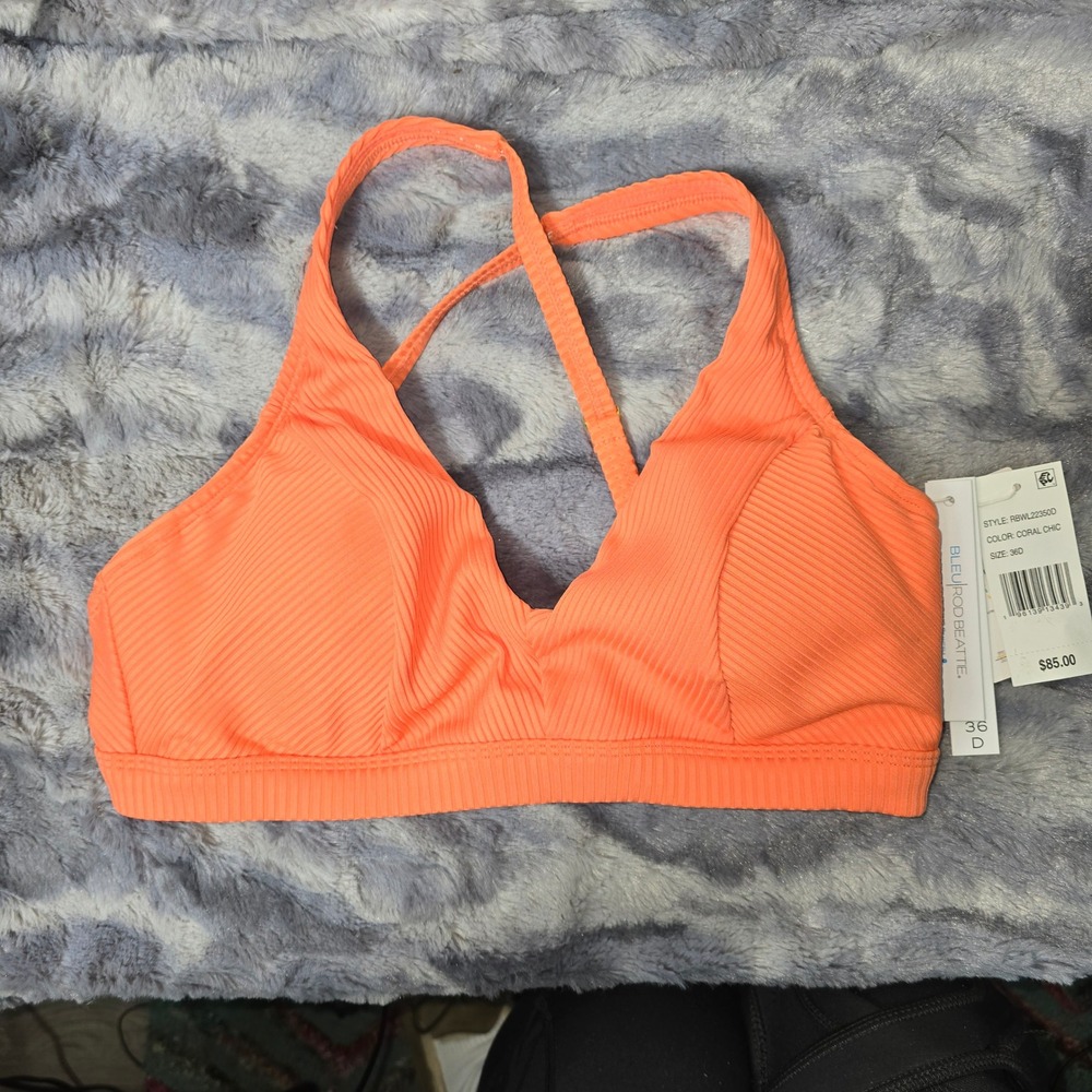 NWT Bleu‎ Rod Beattie Coral Orange Chic Ribbed Bikini Top RBWL22350D Size - 36D